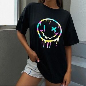 Black Graphic Tee with Reflective Smiley